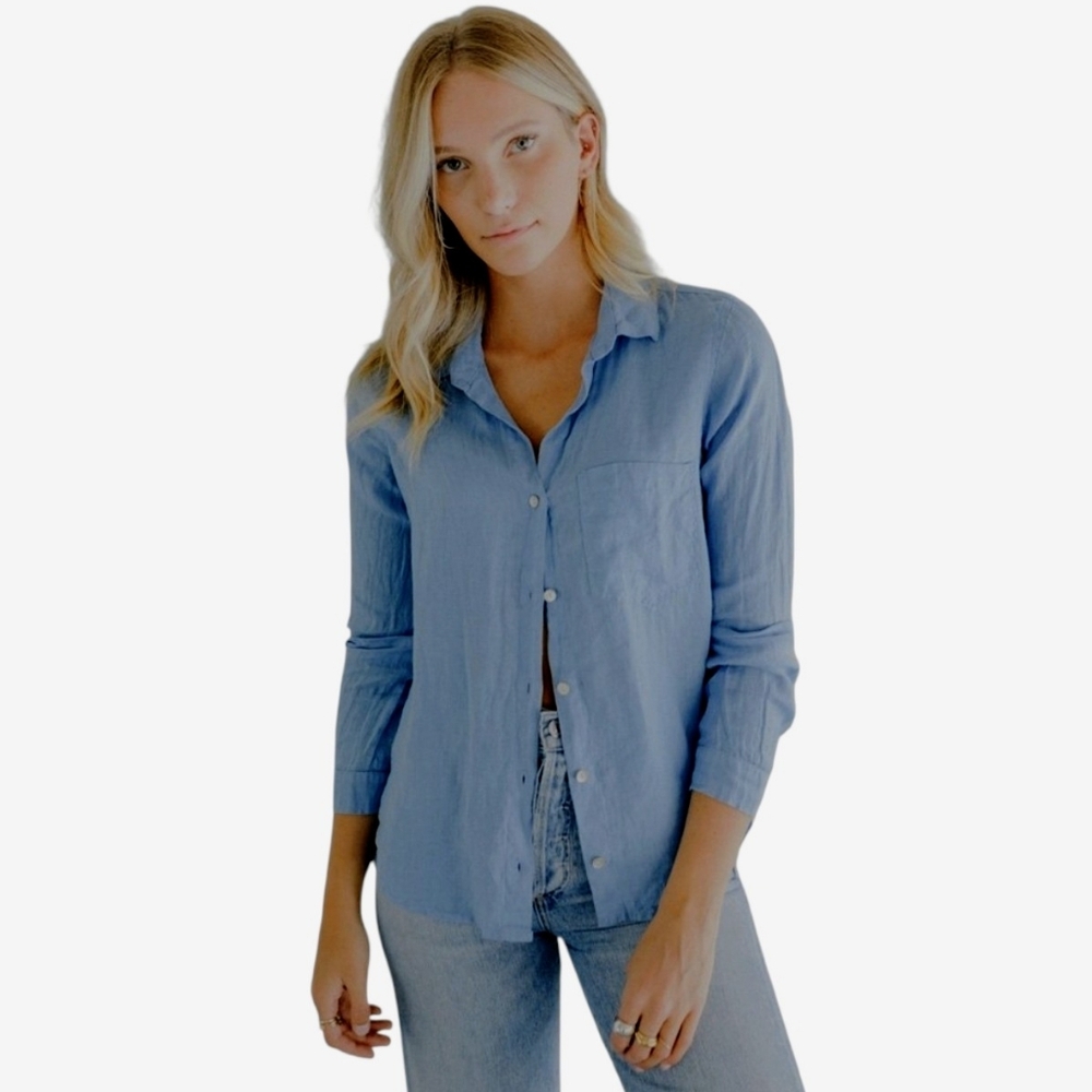 Bella Dahl Santorini Blue Linen Button Down Shirt size XS Summer Staple Coastal